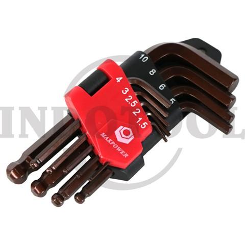 9 PCS SHORT ARM BALLPOINT HEX KEY SET, S2 BRONZE 1.5-10mm / 9 PCS KUNCI L BALLPOINT SET PENDEK S2 MAXPOWER