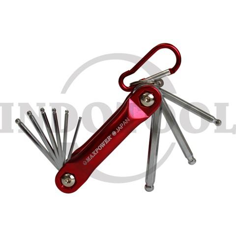 9 PCS FOLDING BALLPOINT HEX KEY SET WLHR-500 ( INCH ) 5/64"-1/4" / 9 PCS KUNCI L BALLPOINT SET MODEL LIPAT ( INCH ) MAXPOWER