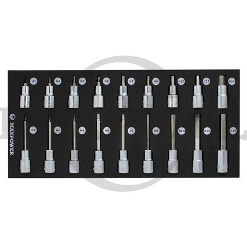 18 PCS 1/2" DR BIT SOCKET HEXAGON SET TOOL TRAY 18.5 x 39.5cm / 18 PCS MATA SOCK HEXAGON 1/2" SET TOOL TRAY MAXPOWER