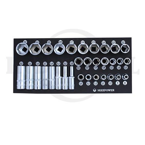 32 PCS 1/2" DR SOCKET SET 12PT, TOOL TRAY / 32 PCS MATA SOK SET 12PT MAXPOWER